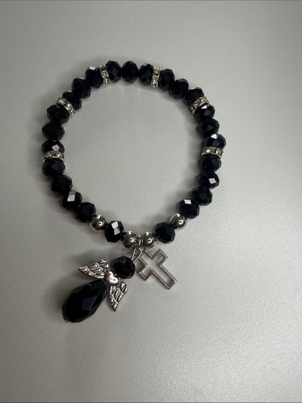 Black Beaded Angel & Cross Charm Bracelet - Women Jewelry